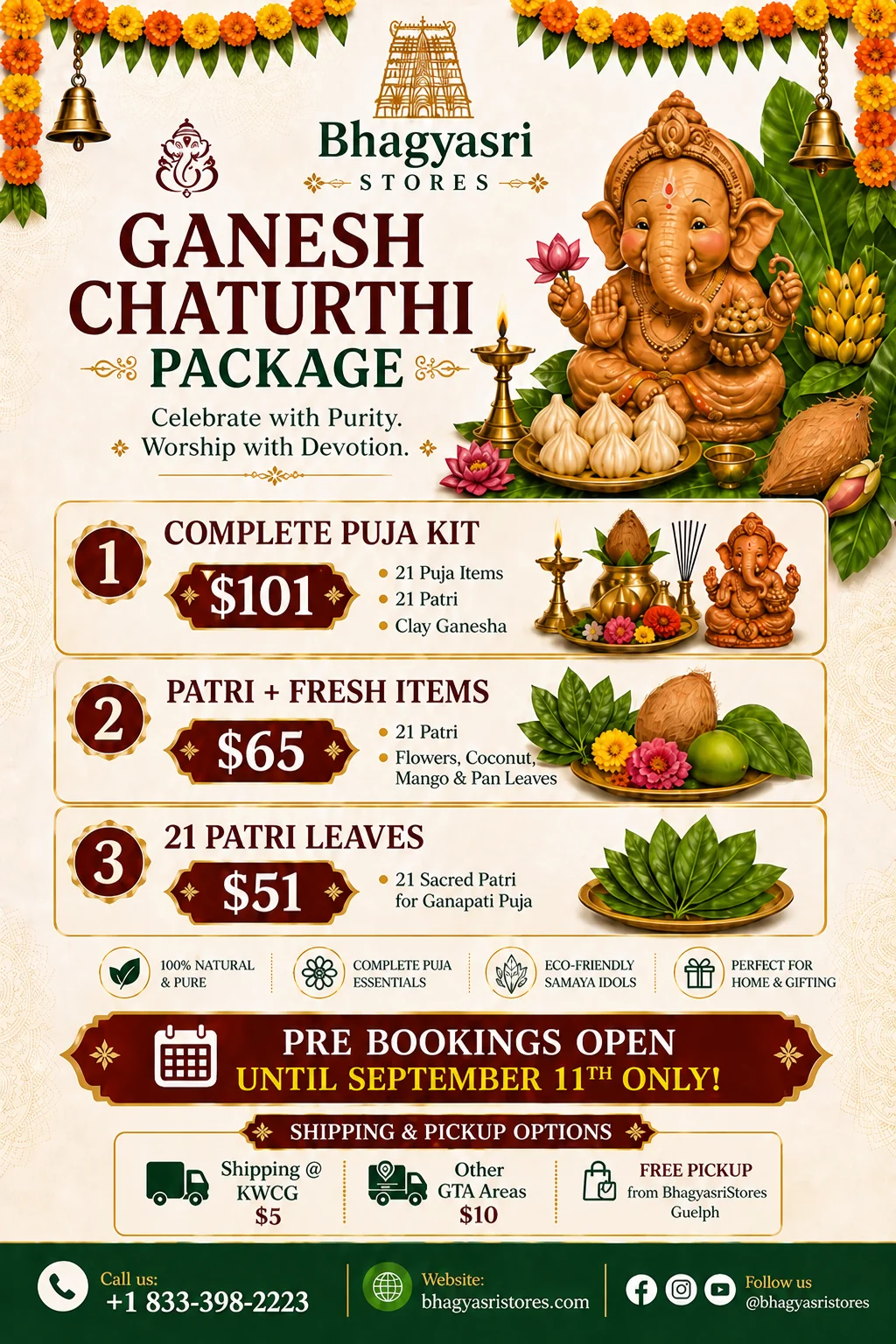 Ganesh Chaturthi packages — Complete Kit $101, Patri + Fresh $65, Patri Leaves $51